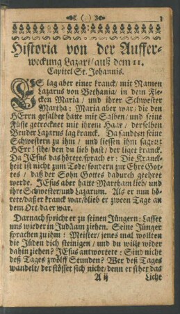Historia von der Aufferweckung Lazari/ auß dem 11. Capitel St. Johannis