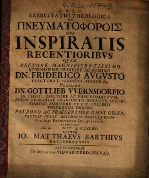 Exercitatio theologica de pneumatophorois sive inspiratis recentioribus