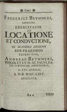 Friderici Brummeri Lipsiensis. Exercitatio De Locatione Et Conductione, ...