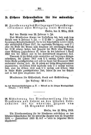Zuerkennung des Reifezeugnisses an Kriegsteilnehmer ohne Ablegung einer Prüfung : [D. Höhere Lehranstalten für die männliche Jugend]