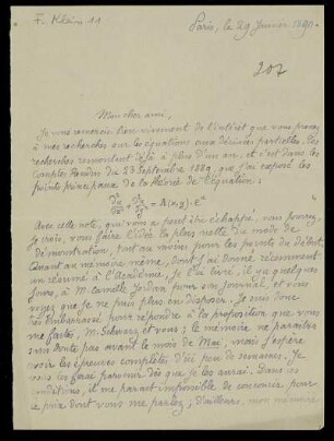 Nr. 4: Brief von Emile Picard an Felix Klein, Paris, 29.1.1890