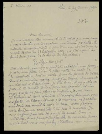 Nr. 4: Brief von Emile Picard an Felix Klein, Paris, 29.1.1890