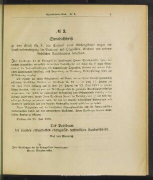 No. 3. Synodalschrift zu dem Erlaß Nr. 8. den Entwurf eines Kirchengesetzes wegen der Pensionsberechtigung der Cantoren und Organisten, Kirchner und anderer kirchlichen Unterbeamten betreffend