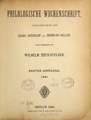 Philologische Wochenschrift, 1. 1881 (1882)