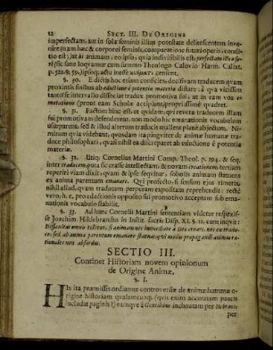 Sectio III. Continet Historiam novem opinionum de Origine Animæ.