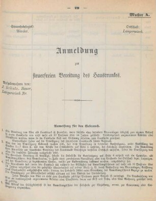 Muster A. Anmeldung zur steuerfreien Bereitung des Haustrunkes