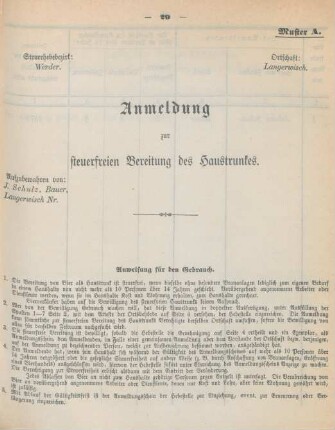 Muster A. Anmeldung zur steuerfreien Bereitung des Haustrunkes