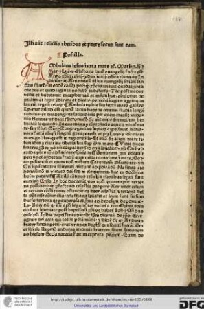 Postilla. Ambulans Iesus... Mathei iiii... Ante initium illius evangelii scribit sanctus Matheus in eodem capitulo quod postquam Christus ieiunavit quadraginta diebus et quadraginta noctibus in deserto...