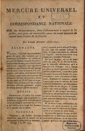 Le Mercure universel. 6. 1791 = Aug.