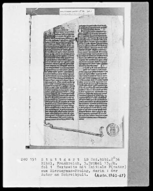 Bibel — Initiale F (rater) zum Hieronymusprolog, darin der Autor am Schreibpult, Folio 1recto