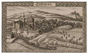 Stadtansicht von Zschopau im Erzgebirge mit Schloss Wildeck und der Stadtkirche, im Hintergrund rechts die Augustusburg