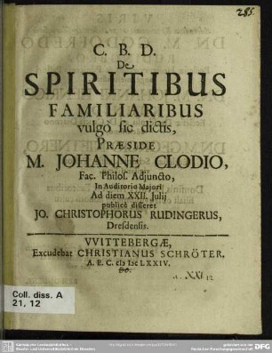 De spiritibus familiaribus vulgo sic dictis