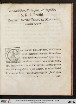 Reverendissime, Perillustris, ac Amplissime S. R. I. Præsul, Domine Domine Pater, ac Mæcenas plurimum Gratiose!