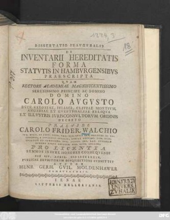 Dissertatio Inavgvralis De Inventarii Hereditatis Forma Statvtis In Hambvrgensibvs Praescripta