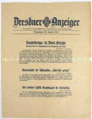 Nachrichtenblatt "Dresdner Anzeiger" u.a. zum Unterseebootkrieg