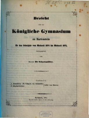 Bericht : über das Schuljahr .... 1874/75 (1875)