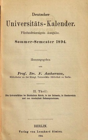 Deutscher Universitätskalender. 45. 1894, SS = Theil 2