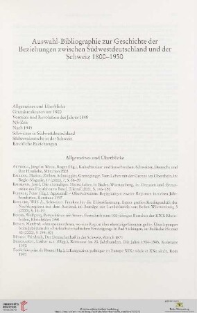 Auswahl-Bibliographie zur Geschichte der Beziehungen zwischen Südwestdeutschland und der Schweiz 1800 -1950