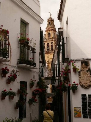 blumengeschmückte enge Altstadtgasse, Durchblick zum Glockenturm der Mezquita Moschee-.Kathedrale