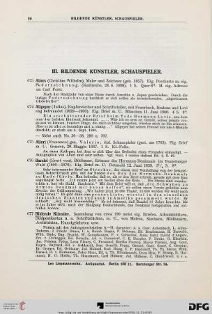 III. Bildende Künstler, Schauspieler (Nr. 673-757)