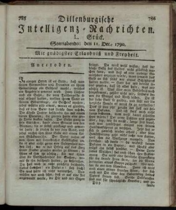 L. Stück. Sonnabends: den 11. Dec., 1790.