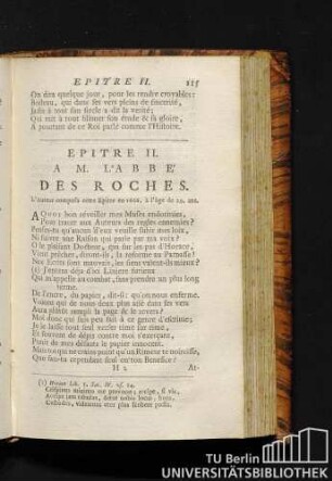 Epitre II. A. M. L'Abbé des roches. L'auteur composa cette epitre en 1666, à l'âagé de 29 ans.
