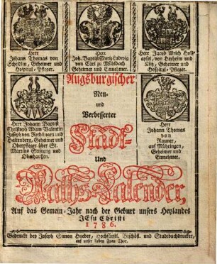 Augsburgischer neu und verbesserter Stadt- und Raths-Calender, 1786