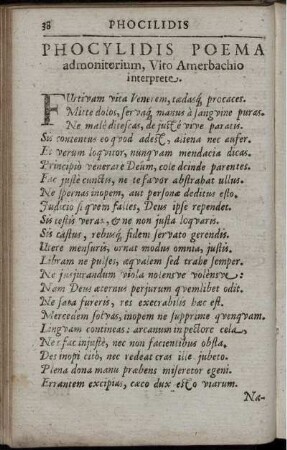 Phocylidis Poema admonitotium, Vito Amerbachio interprete. [Phocylidis Sententiae]