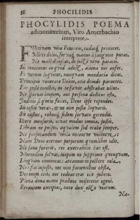 Phocylidis Poema admonitotium, Vito Amerbachio interprete. [Phocylidis Sententiae]