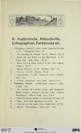 Kupferstiche, Holzschnitte, Lithographien, Farbdrucke (Nr. 1-189)