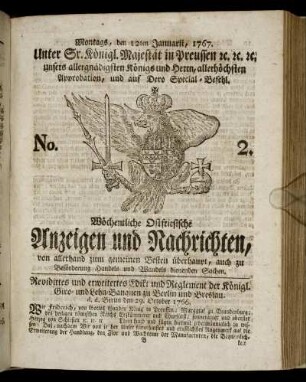No. 2. Montags, den 12ten Januarii, 1767.