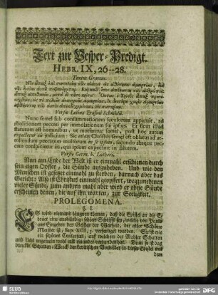 [Vesper-Predigt. Hebr. IX, 26-28]