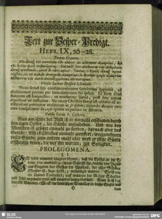 [Vesper-Predigt. Hebr. IX, 26-28]