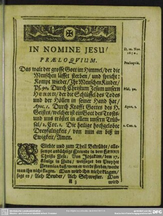 Leichenpredigt : Christliche Leichpredigt. Praeloquium. Textus. Exordium. Post Illa