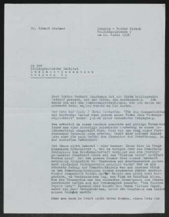 Brief von Erhart Kästner an Bibliographisches Institut / Lexikonredaktion <Leipzig>