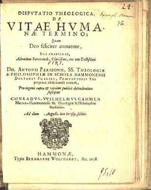 Dispvtatio Theologica, De Vitae Hvmanæ Termino
