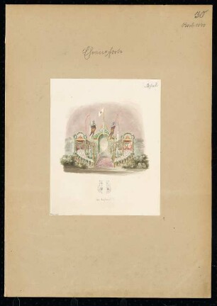 Ehrenpforte auf dem Alexanderplatz, Berlin Monatskonkurrenz Oktober 1840: Grundrissskizze, perspektivische Ansicht