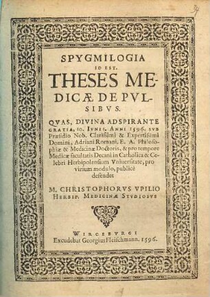 Spygmilogia Id Est Theses Medicae De Pvlsibvs