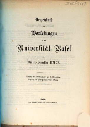 Verzeichnis der Vorlesungen. 1871/72. WS.