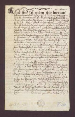 Kaufbrief zwischen Jakob Friedrich Boll und Markgraf Ludwig Georg von Baden-Baden über Anteile an der Rotenfelser Sägmühle