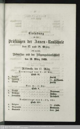 Einladung zu den Prüfungen der Annen-Realschule