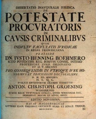 Diss. inaug. iur. de potestate procuratoris in causis criminalibus