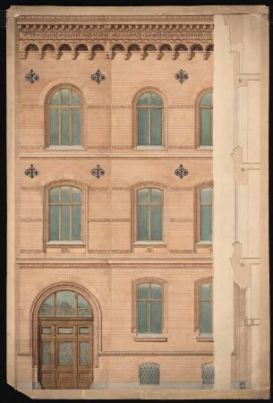 Wohnhaus Franzens, Alexanderstraße, Berlin-Mitte: Teilansicht und Fassadenschnitt vertikal