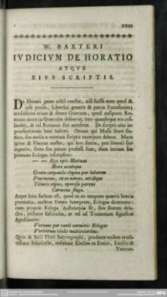 W. Baxteri Iudicium De Horatio Atque Eius Scriptis