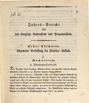 Jahres-Bericht über die Kgl. Studien-Anstalt Landshut : für das Schul-Jahr .... 1820/21 (1821)