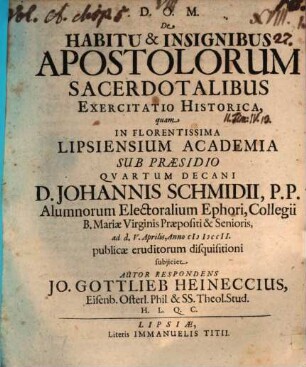 De habitu et insignibus apostolorum sacerdotalibus exercitatio hist.