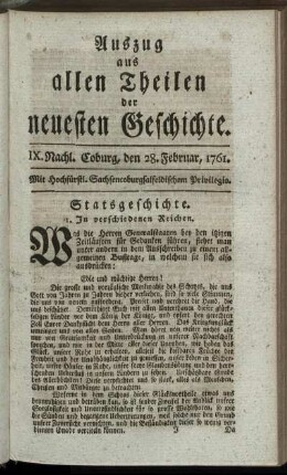 IX. Nachl. Coburg, den 28. Februar, 1761.