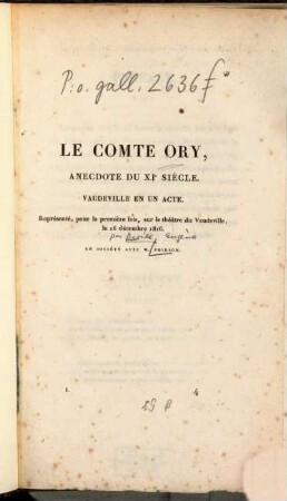 Le comte Ory : Anecdote du 11. siècle ; Vaudeville en un acte