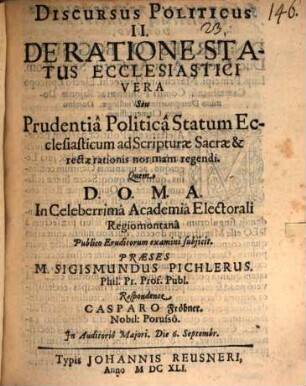 Discursus politicus II. de ratione status ecclesiastici vera