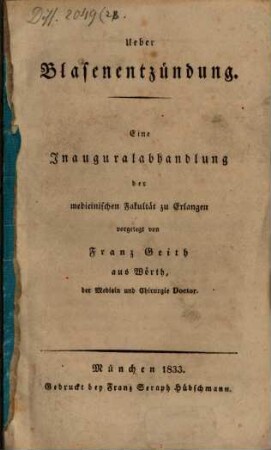 Ueber Blasenentzündung : Eine Inaugural-Abhandlung der medizinischen Fakultät zu Erlangen